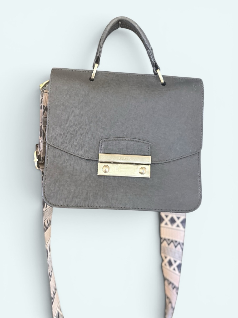 Furla Black Top-Handle Satchel with Guitar Strap